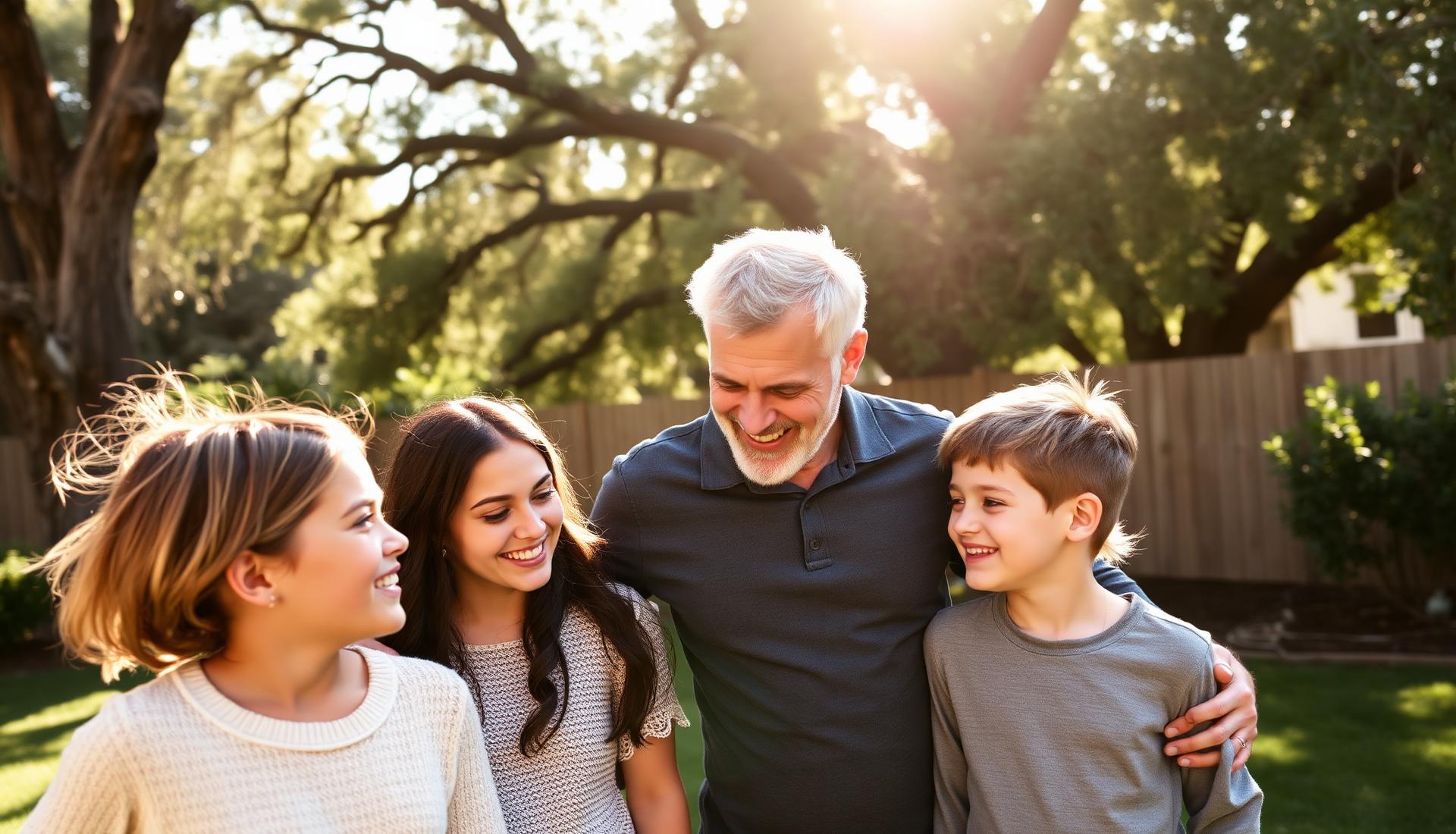 A foster family enjoying golden-hour light under oak trees